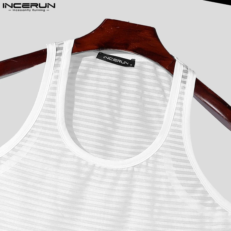 Camisetas informales de moda INCERUN nuevas camisetas sin mangas a rayas transparentes y sexys para hombre, chalecos finos ajustados para discoteca masculina