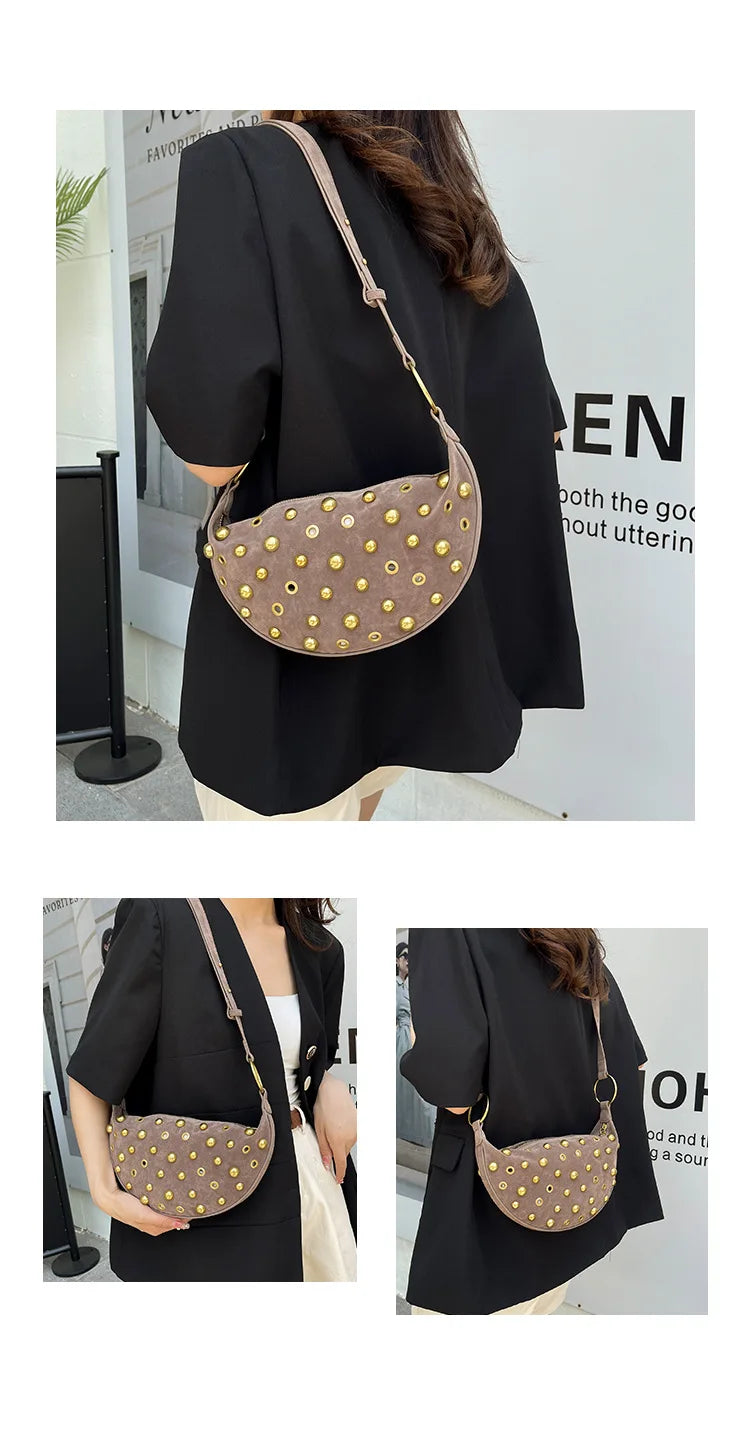 Women's Punk Style Leather Rivet Underarm Bag | Premium Faux Suede Single Shoulder Handbag | Trendy Sewing Thread Rectangle Crossbody Purse | Soft Four-Seasons Velvet Sling Pack Luxegan