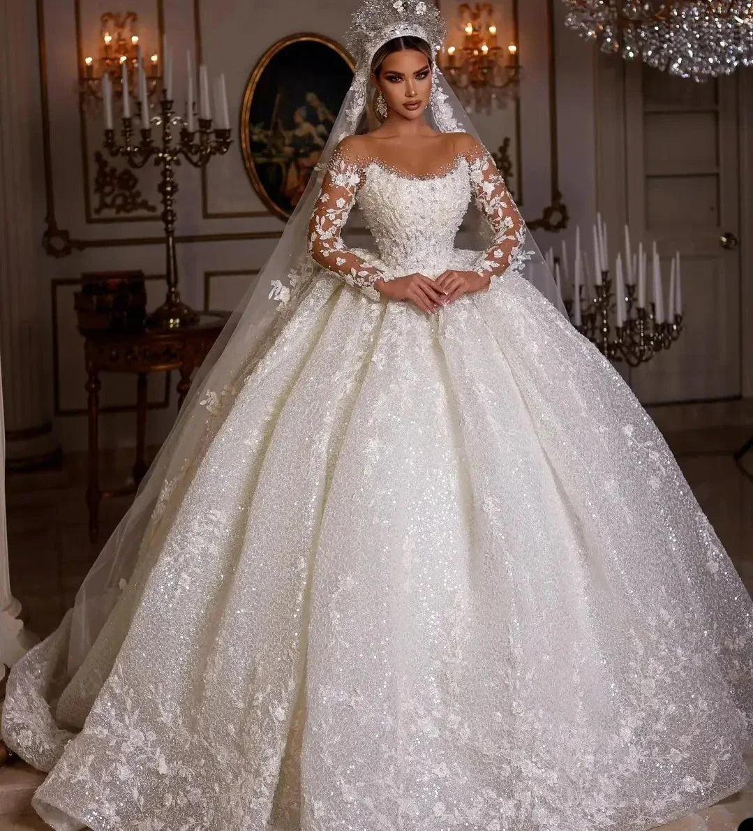 Luxury Long Sleeve Tulle Wedding Dress for Bride | Shiny Sequins Beads Sheer V-Neck Gown | Premium Lace Pearls Appliques Bridal Dress | Classic Backless A-Line Sweep Train Pregnancy-Friendly Dress Luxegan 