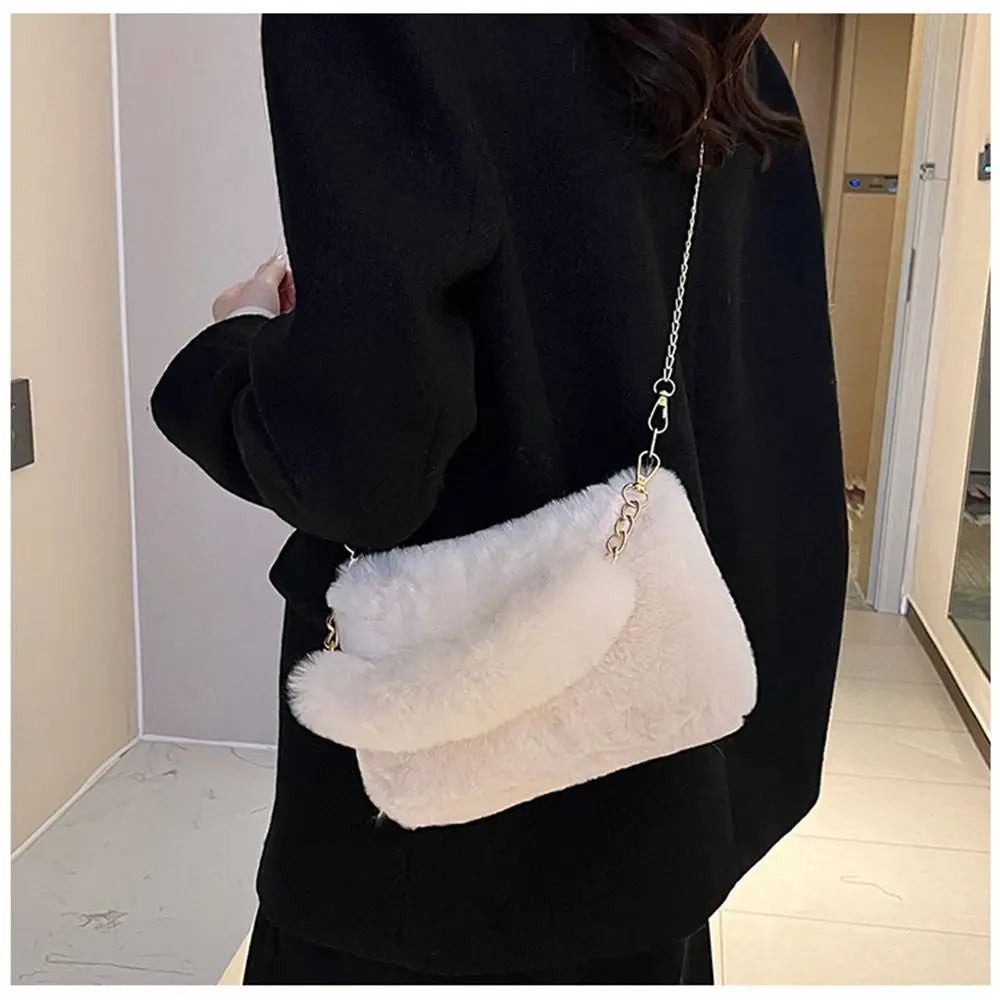 Fashion Women’s Fluffy Shoulder Bag | Sophisticated Winter Plush Underarm Bag | Elegant Solid Color Handbag with Chain Detail | Soft Handle Bag for Parties and Social Events Luxegan