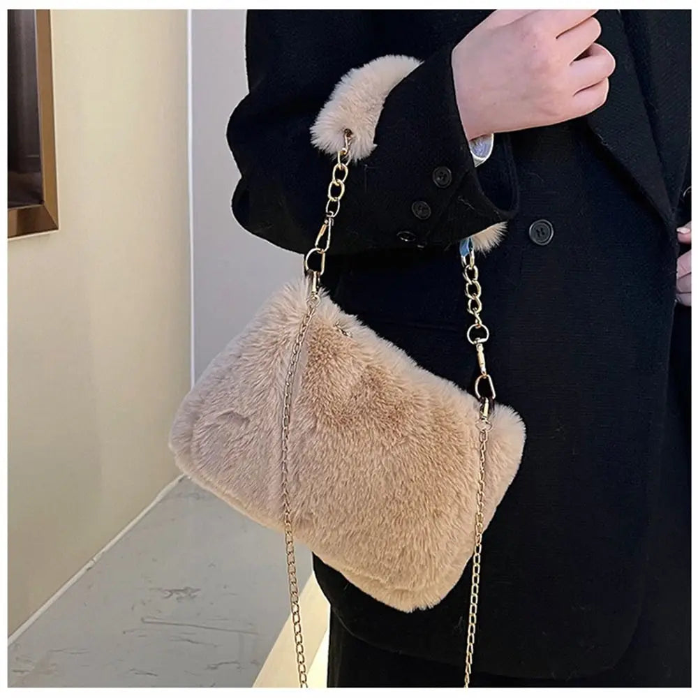 Fashion Women’s Fluffy Shoulder Bag | Sophisticated Winter Plush Underarm Bag | Elegant Solid Color Handbag with Chain Detail | Soft Handle Bag for Parties and Social Events Luxegan