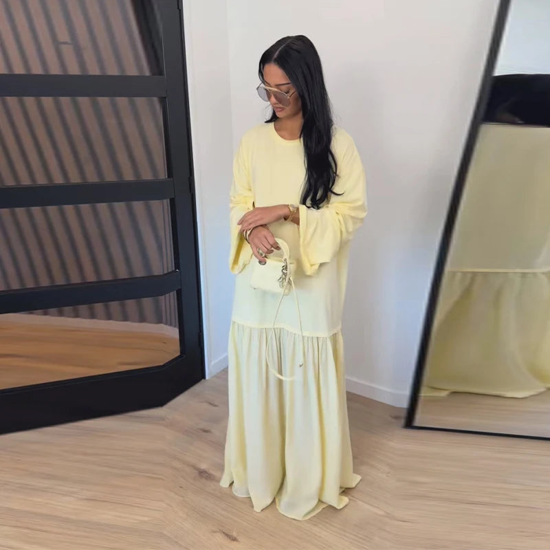 Solid O-Neck Full-Length Flare Sleeve Loose Fit Floor-Length Dress – Natural Waist, All Season | Multi-Style Luxegan