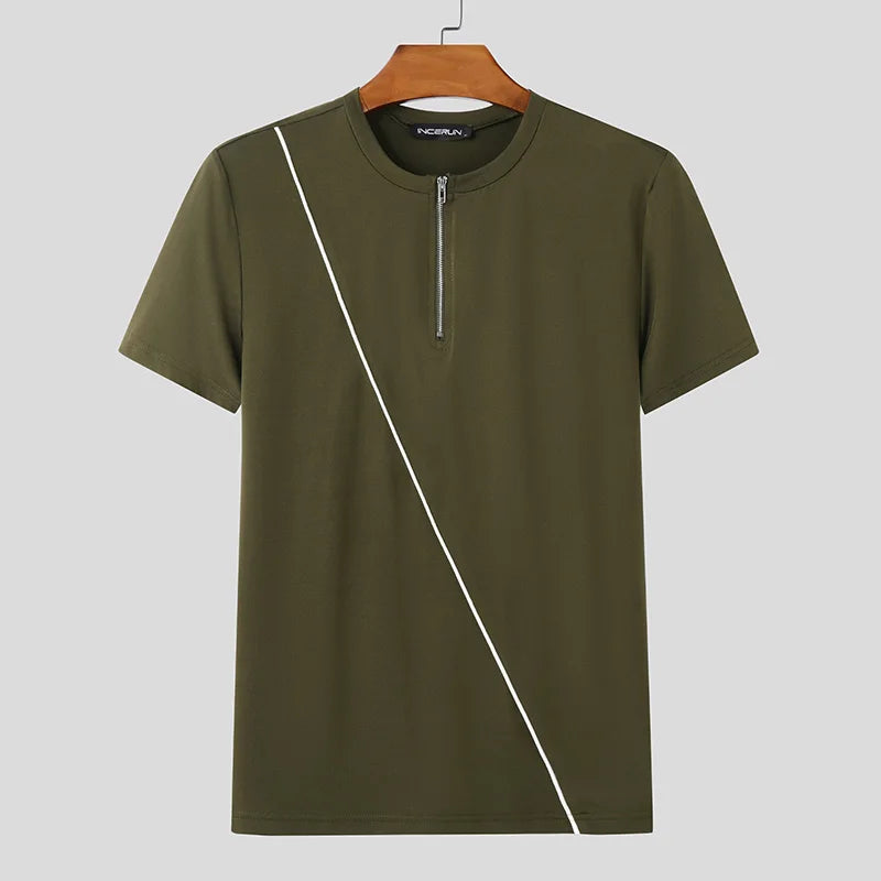 Half-Zipper Design T-Shirt | Sophisticated O-Neck Short-Sleeve Silhouette | Elegant "Spring and Summer" Handsome Camiseta | "Dignified" Lightweight Broadcloth Top for Radiant Versatile Styling Luxegan
