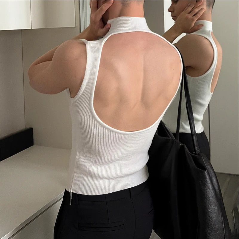 INCERUN Men Tank Tops Knitted Solid Color Turtleneck Sleeveless Male Vests Streetwear Hollow Out Backless Fashion Men Clothing