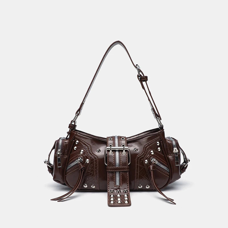 Punk Girl Style Rivet Underarm Bag | Solid Color PU Motorcycle Style Single Shoulder Crossbody Messenger Bag Luxegan