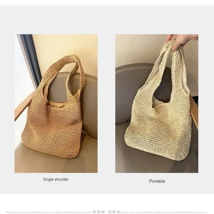 Women’s Fashion Straw Shoulder Bag | Large Capacity Paper Woven Handbag | Casual Summer Beach Tote with Zipper Closure | Minimalist Daily Straw Purse Luxegan