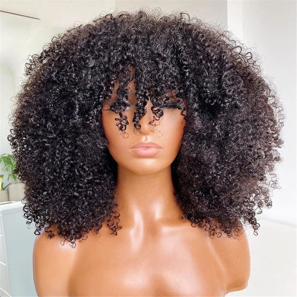 Short Afro Kinky Curly Human Hair Wig with Bangs - Full Machine-Made Glueless Funmi Curly Wig - 100% Brazilian Remy Human Hair Natural Black Afro Wig for Black Women Luxegan