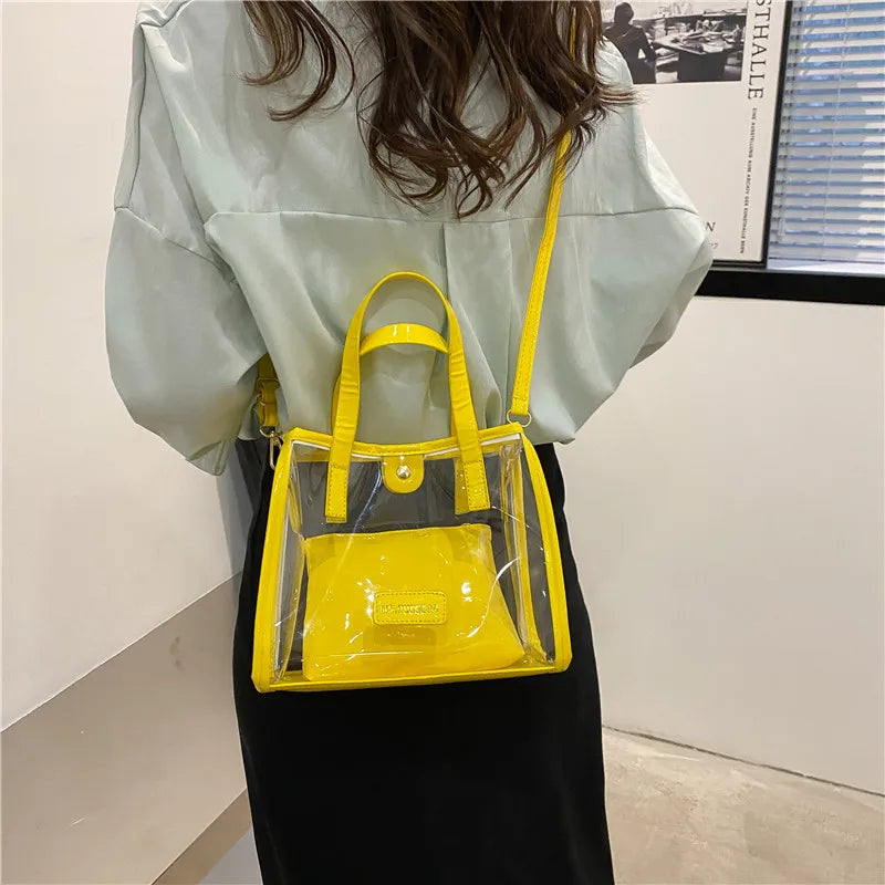Trendy Stylish Transparent "Mother-Law" Tote Bag | Waterproof & Sandproof PVC Beach Bag | Fashionable Women’s Clear Shoulder Bag with Hasp Closure Luxegan