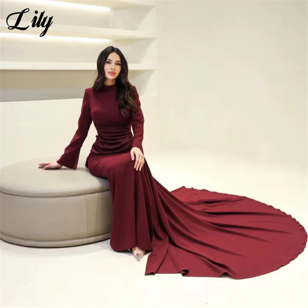 Lily Burgundy Elegant Prom Dresses High-Neck Long Sleeves Mermaid Evening Dresses Satin Muslim Formal Gowns Dubai  Customized
