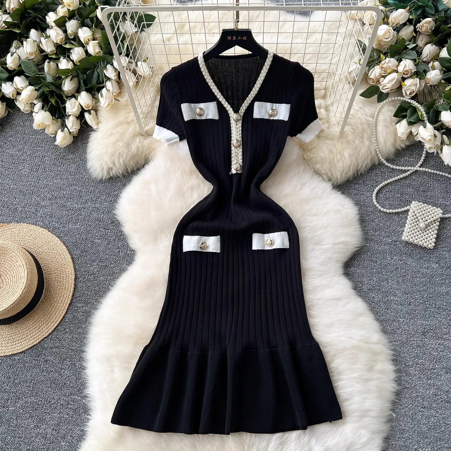 Women's Elegant Ribbed Knitted Mermaid Dress | Slim Fit V-Neck Button Sweater Dress | Office Lady Medium Stretch Bodycon Gown | Premium Short-Sleeve Mini Trumpet Vestido Model OU2403 Luxegan
