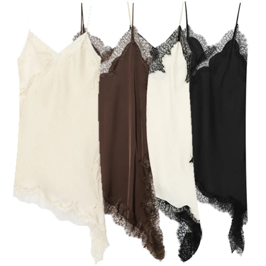 Women's Elegant Lace Asymmetric Slip Dress | Sexy Summer Evening Camisole Gown | Ladies Backless Sleeveless Regular Fit Mini Dress | Premium Non-Stretch Solid Brown Vestido Model Lace Slip Dress Luxegan