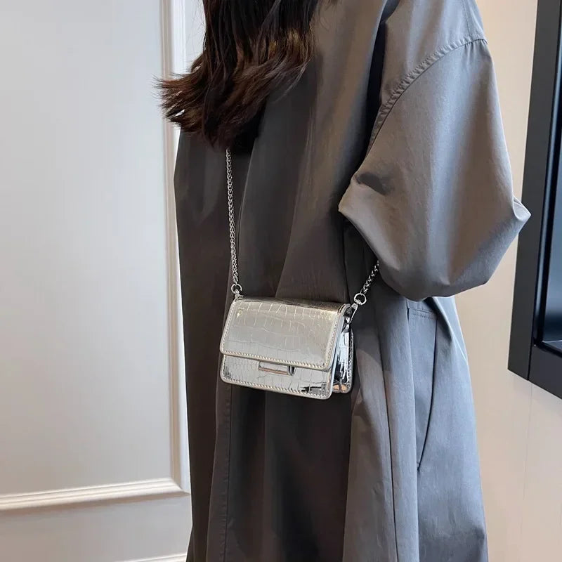 Vintage Chic Crocodile-Pattern Crossbody | Sophisticated Luxury Designer Small Shoulder Bag | Elegant Gold & Silver Mini Square Purse | "Dignified" Structured Satchel for Everyday Wear Luxegan