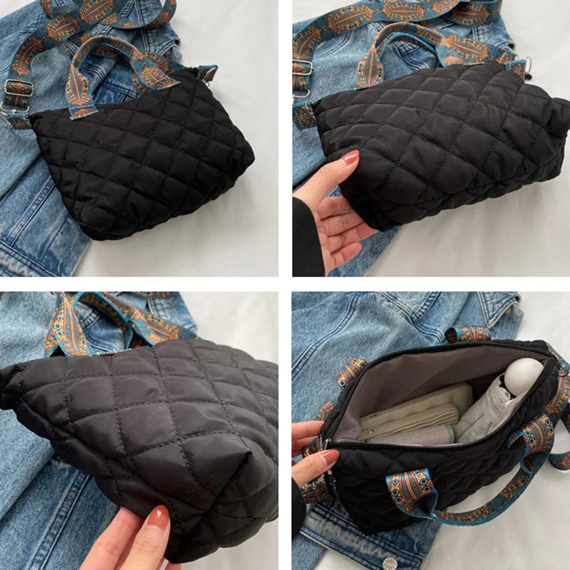 Fall/Winter Rhombus Space Cotton Shoulder Bag | Women's Wide Shoulder Belt Large Capacity Shopping Tote Handbag Luxegan