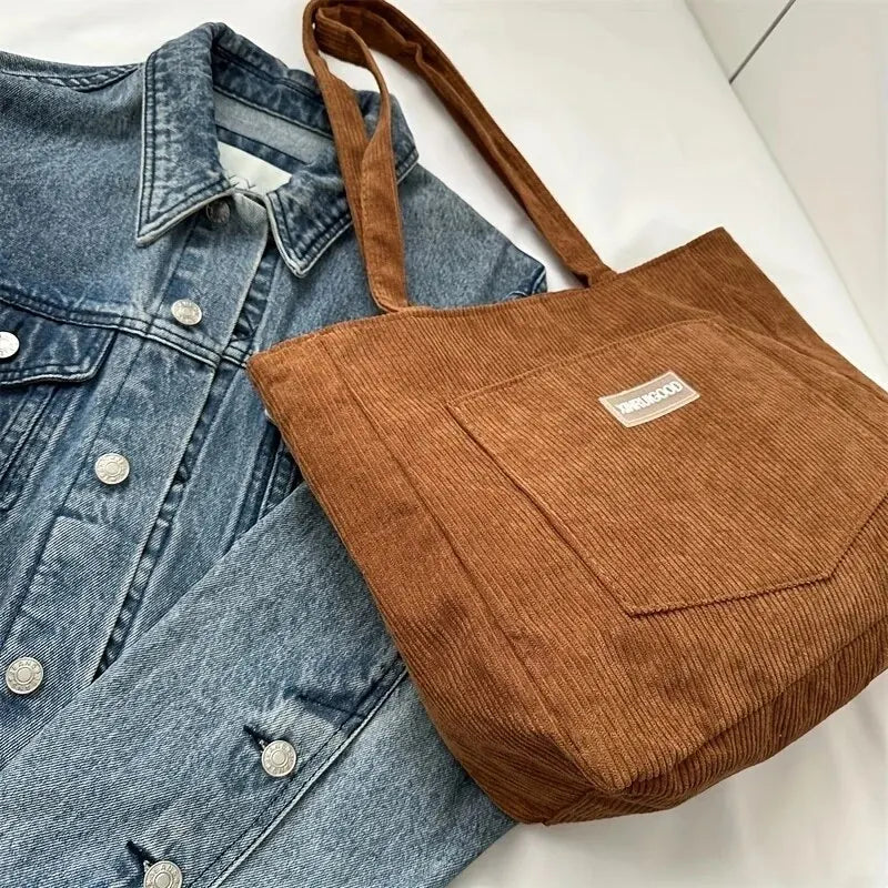 Corduroy Solid Casual Tote | Soft Trendy Large Capacity Shoulder Bag Luxegan