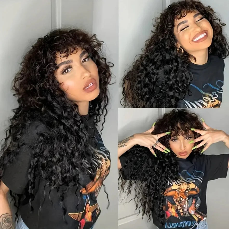 Long Water Wave Human Hair Wig with Bangs | Fully Machine-Made Glueless Malaysian Curly Style Wig | 100% Brazilian Remy Human Hair Fringe Wig for Women Luxegan