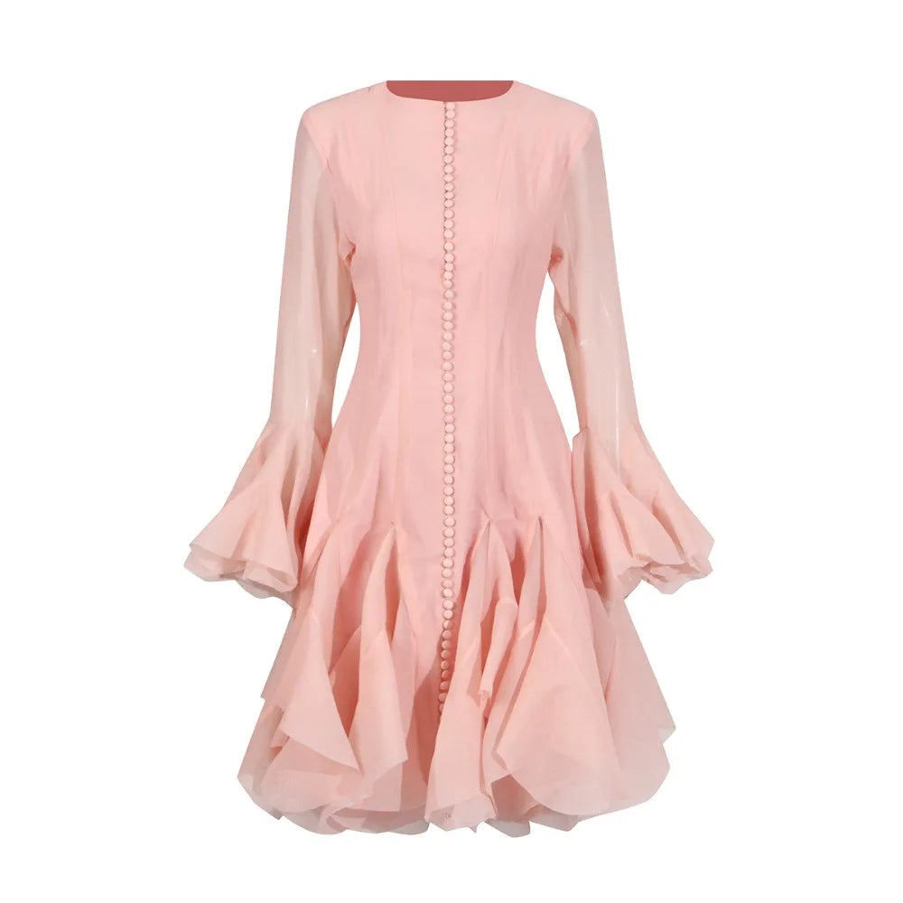 Patchwork Ruffle Butterfly Sleeve Midi Dress | Round Neck Irregular Hem High Waist Elegant Dress Luxegan