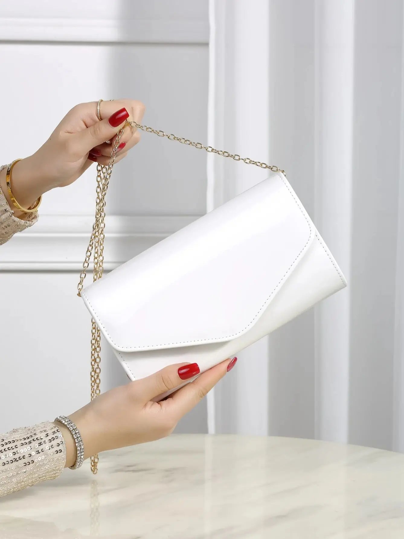 PU Leather Solid Clutch Bag | Hard Elegant Chain Crossbody Square Bag Luxegan