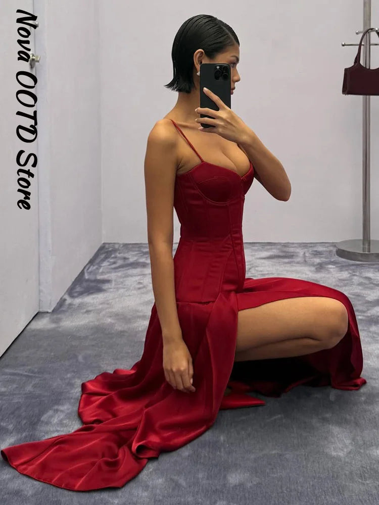 V-Neck Sleeveless Camisole-Style Slim Fit Sheath Slit Floor-Length Dress – Natural Waist, Summer Luxegan
