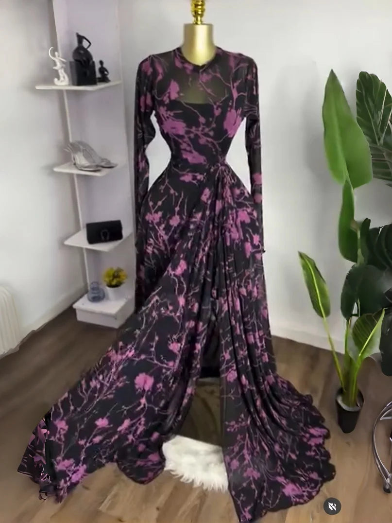 Floral Mesh Swing Maxi Dress | O-Neck Long Sleeve High Split A-Line Elegant Dress Luxegan