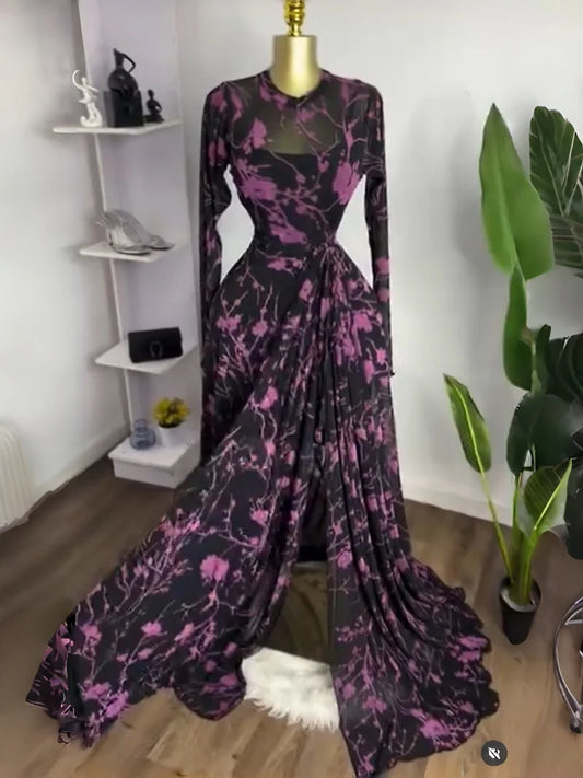 Floral Mesh Swing Maxi Dress | O-Neck Long Sleeve High Split A-Line Elegant Dress Luxegan
