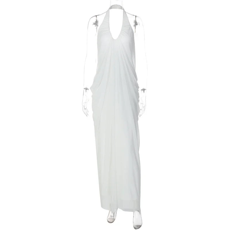 Mozision Mesh Halter Backless Sexy Maxi Dress Women Gown Fashion Elegant V Neck Sleeveless Pleated Club Party Long Dresses