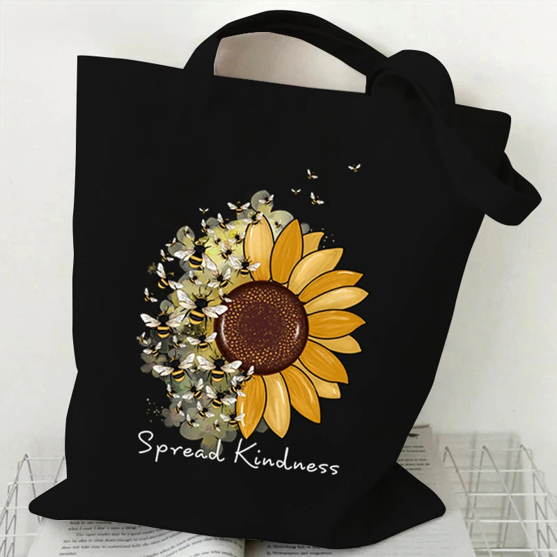 "Spread Kindness" Sunflower Bee Canvas Tote Bag | Versatile Underarm Shoulder Handbag for Commuter, Work & Student Luxegan