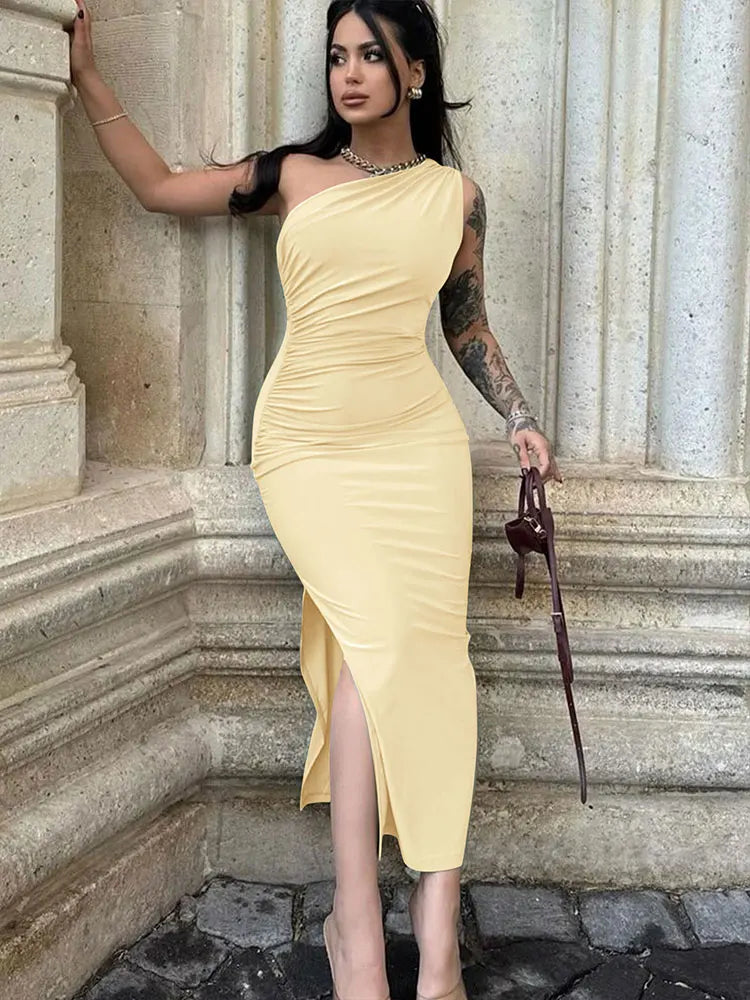 Sexy Split Black Maxi Dress for Women | Elegant One-Shoulder Backless Summer Party Dress | Premium Medium-Stretch Slim Fit Club Vestido | Model AC022 Sleeveless Ankle-Length Straight Silhouette Dress Luxegan