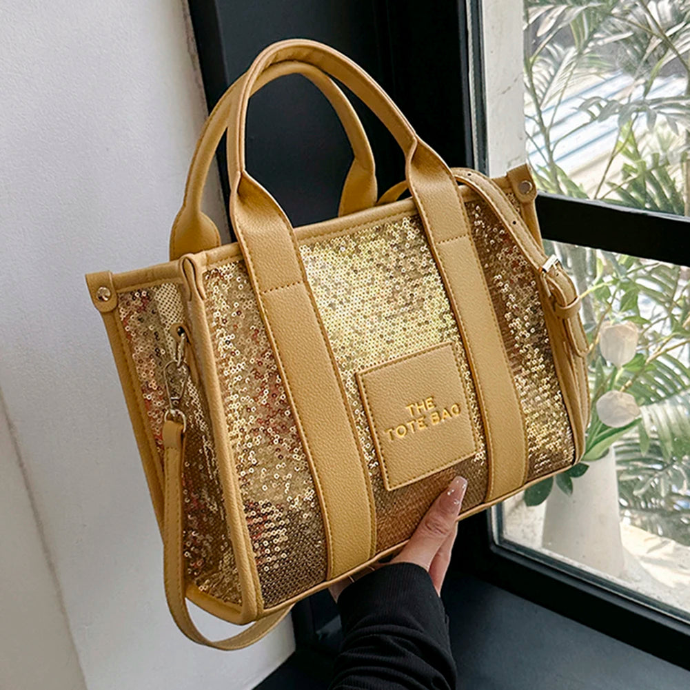 Women’s Shiny Sequin Shoulder Bag | Fashionable PU Leather Top-Handle Tote | Casual Portable Shopper with Adjustable Straps Luxegan