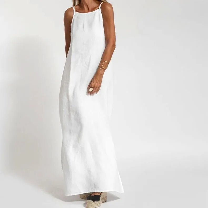 Solid Round Neck Sleeveless Loose Fit Ankle-Length Broadcloth Dress – Empire Waist, Summer Luxegan