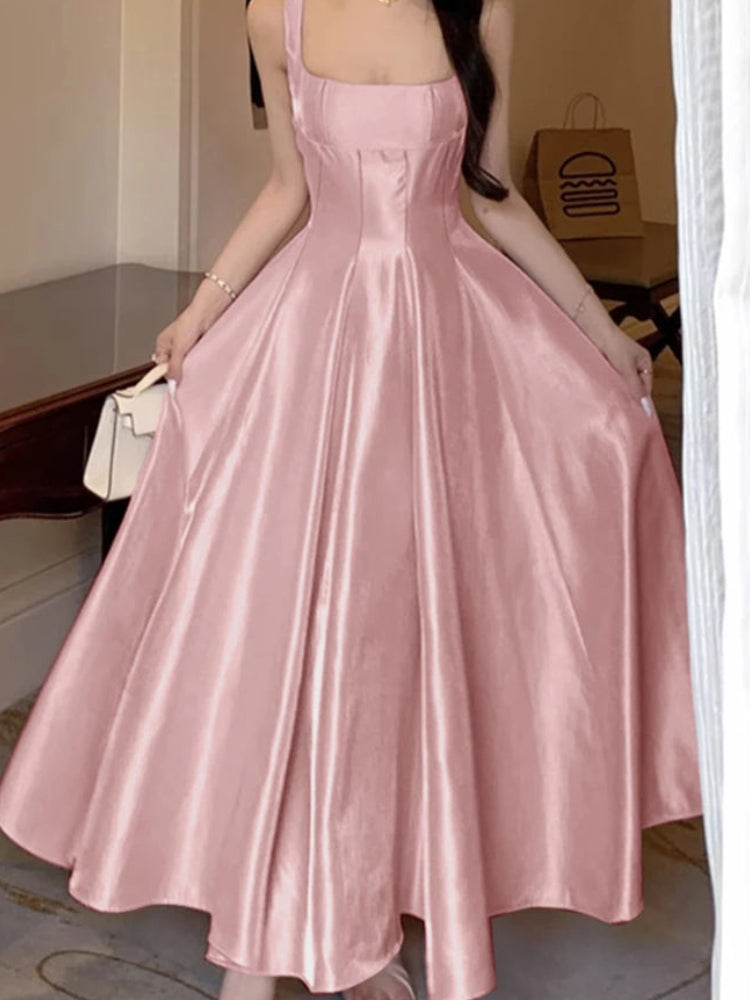 Women's Elegant White Silky Satin Maxi Dress | Graceful Square Neck Wedding Guest Evening Gown | Sexy & Club Sleeveless Tank Party Robe | Premium Non-Stretch Slim Fit A-Line Dress Luxegan
