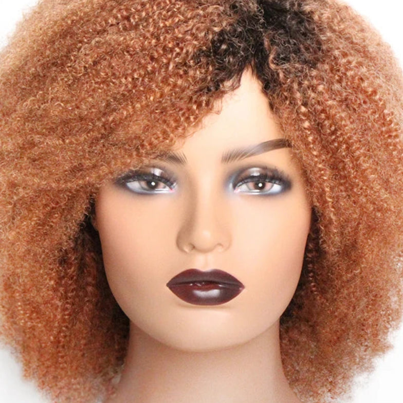Honey Blonde Jerry Curl Human Hair Wig with Bangs - Full Machine-Made Glueless Short Afro Curly Wig - 100% Brazilian Remy Human Hair Colored Curly Wig for Women (4-16 Inch) Luxegan