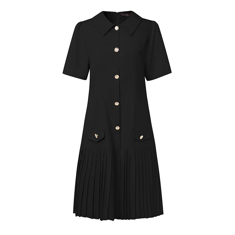Pleated Lapel Mini Dress | Short Sleeve Button-Trim Work & Casual Sundress Luxegan
