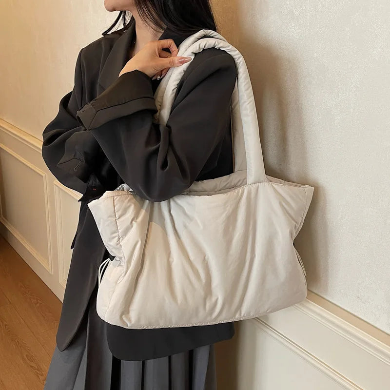 Fashion Winter Large Shoulder Bag | Simple & Practical Nylon Shopping Tote | Textured Casual Commuting Bag with Embroidery & Lace Detail Luxegan