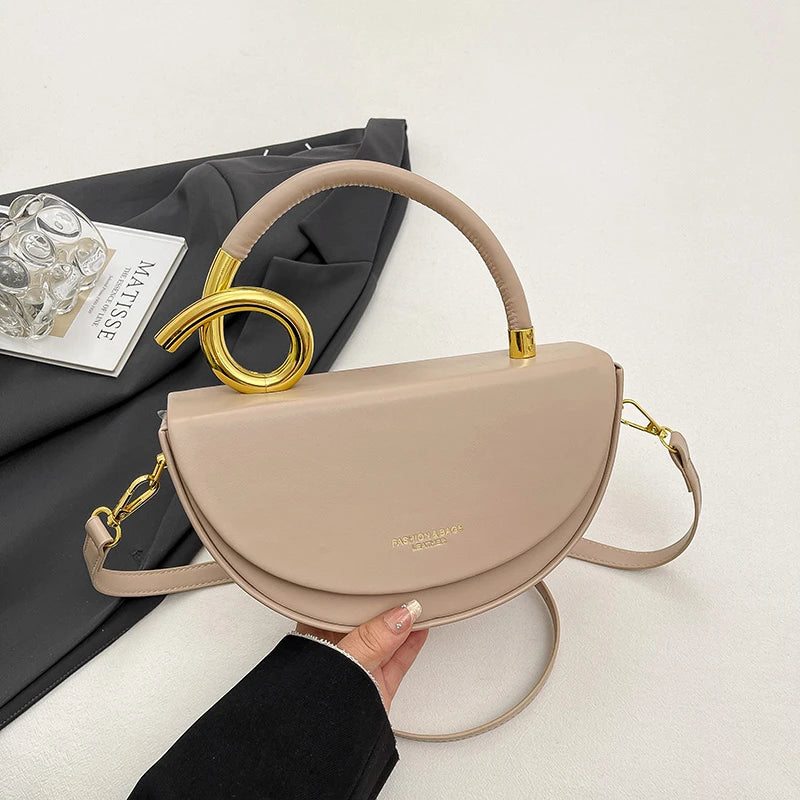 Designer Semicircle Saddle Crossbody | Small Hard PU Leather Handbag Luxegan