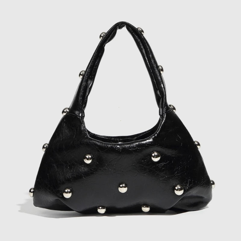 New Rivet Women's Designer Handbag | HARD PU Leather Casual Hobo Shoulder Bag | Half Moon Underarm Tote Clutch Luxegan