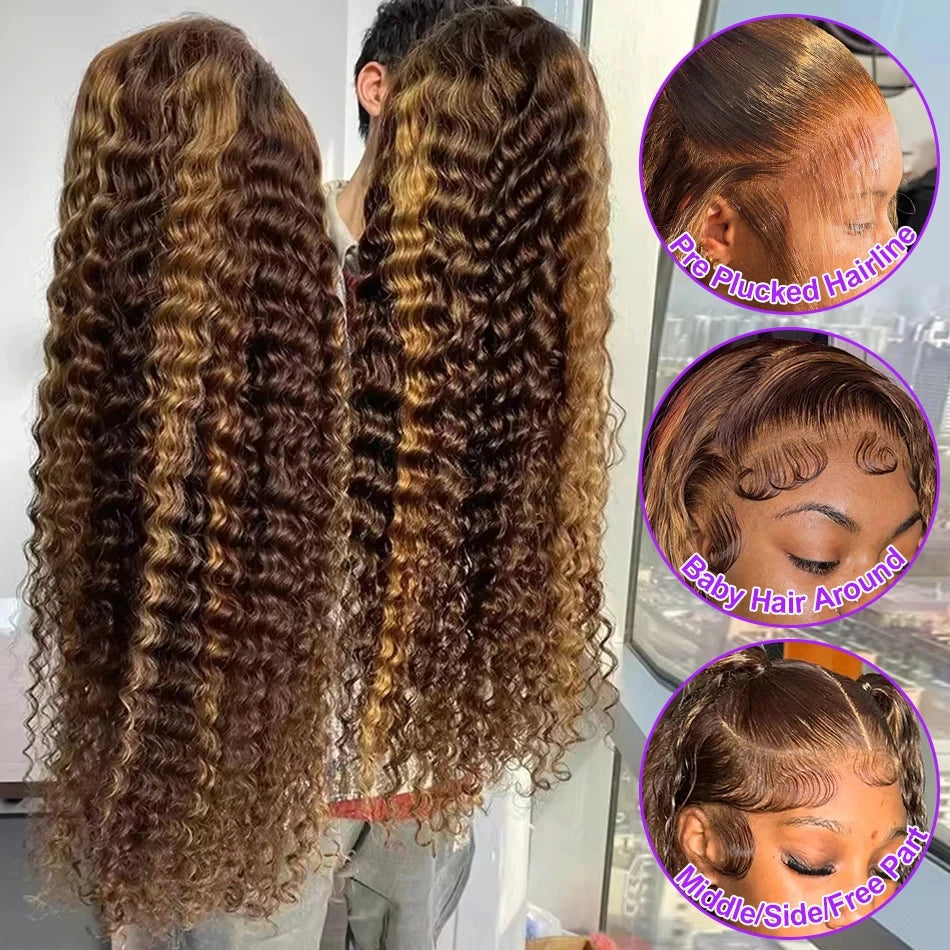 250% Density Honey Blonde Highlight Deep Wave HD Lace Wig | Sophisticated 13x6 & 13x4 Transparent Frontal | Elegant "100% Brazilian Remy" Silhouette | "Dignified" Pre-Plucked Ombre Colored Human Hair for Radiant Versatile Styling Luxegan