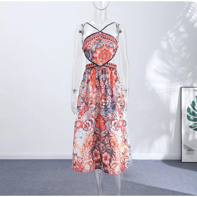Floral Print V-Neck Sleeveless Slim Fit A-Line Floor-Length Dress – Empire Waist, All Season Luxegan