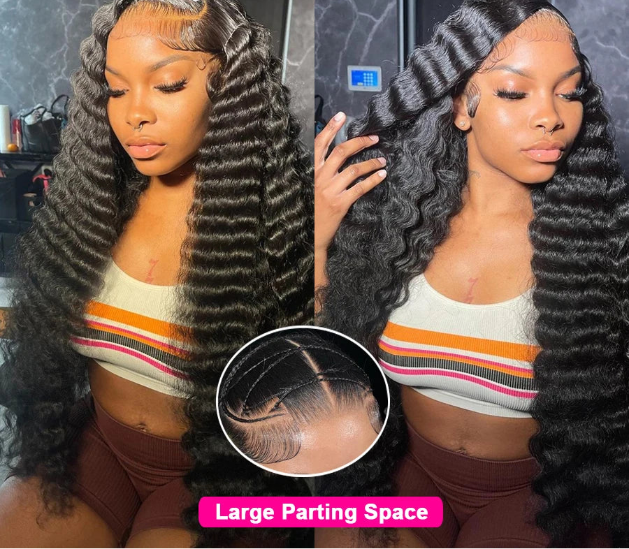 Deep Wave 13x6 HD Lace Frontal Wig | 250% Density Jet Black Human Hair Wig | Premium Brazilian Remy Hair Wet and Wavy Gown | Transparent Swiss Lace Skinlike Natural Hairline Long Wigs Luxegan
