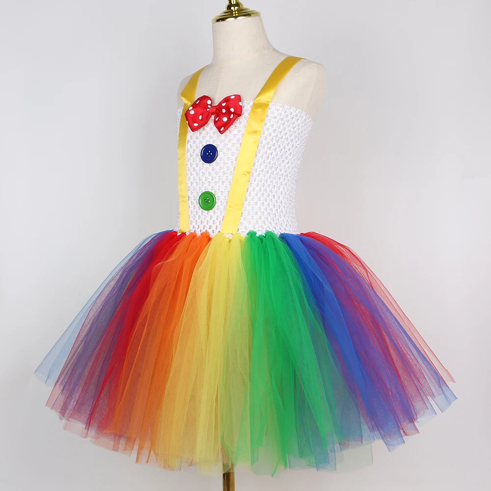 Funny Circus Clown Tutu Dress for Girls | Naughty Joker Cosplay Costume | Rainbow Patchwork Hand-Woven Carnival Party Ball Gown for Kids Luxegan