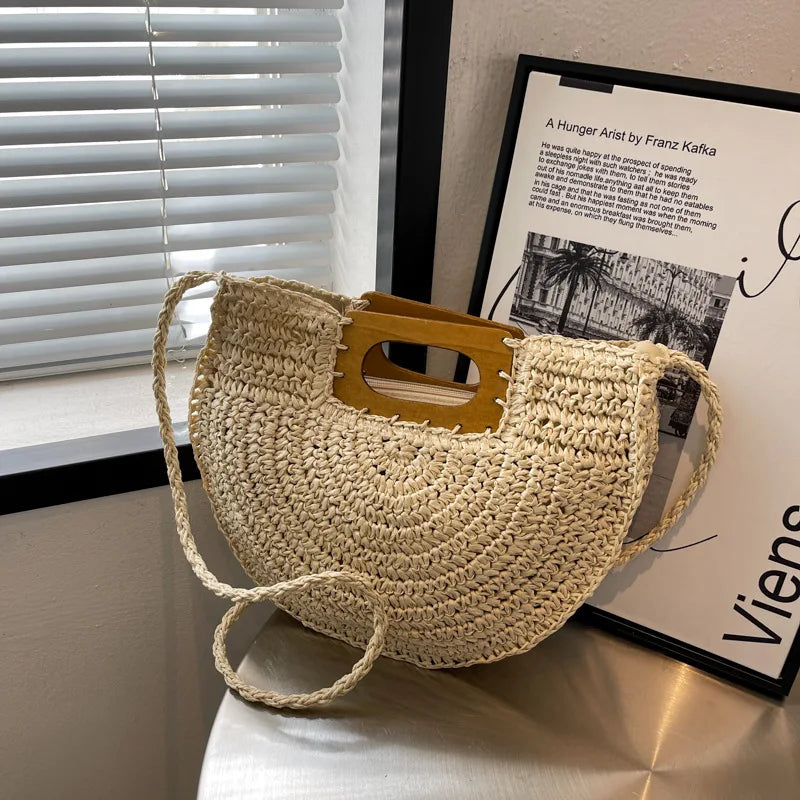 Minimalist Bohemian Half-Moon Straw Tote | Soft Rattan Beach Handbag Luxegan