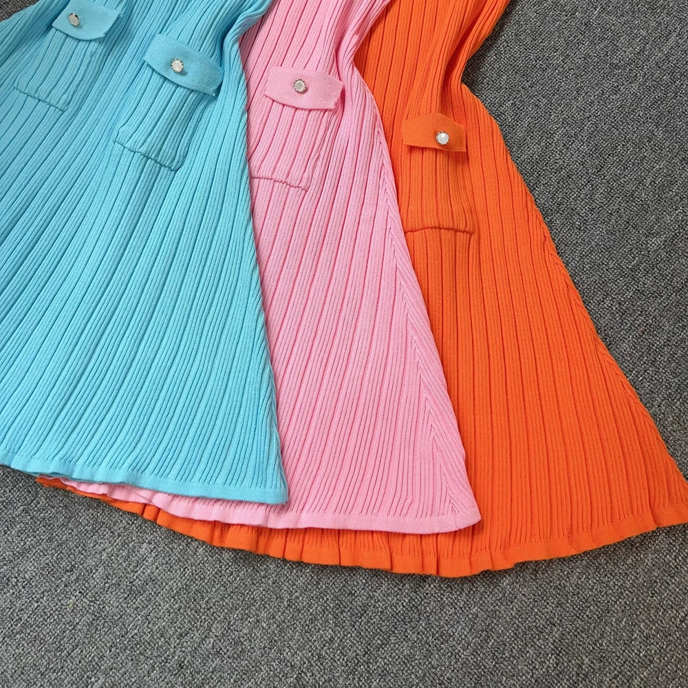 Women's Aesthetic Knitted Short Dress | Korean Fashion Turn-Down Collar Party Gown | High Street Buttoned Pockets Summer Dress | Premium Knit Medium Stretch A-Line Luxegan