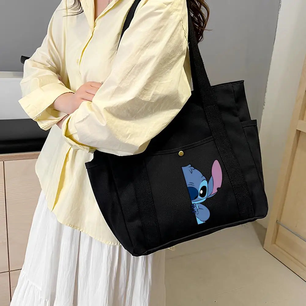 Lilo & Stitch Large Canvas Tote Bag | College Style Commuter & Student Shoulder Bag | Cartoon Shopping Handbag (Unisex) Luxegan
