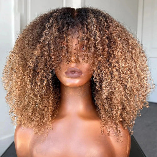 Blonde Afro Kinky Curly Human Hair Bob Wig with Bangs - Full Machine-Made Glueless Short Bob Wig - 100% Brazilian Remy Human Hair Honey Ombre Blonde Fringe Wig for Women Luxegan
