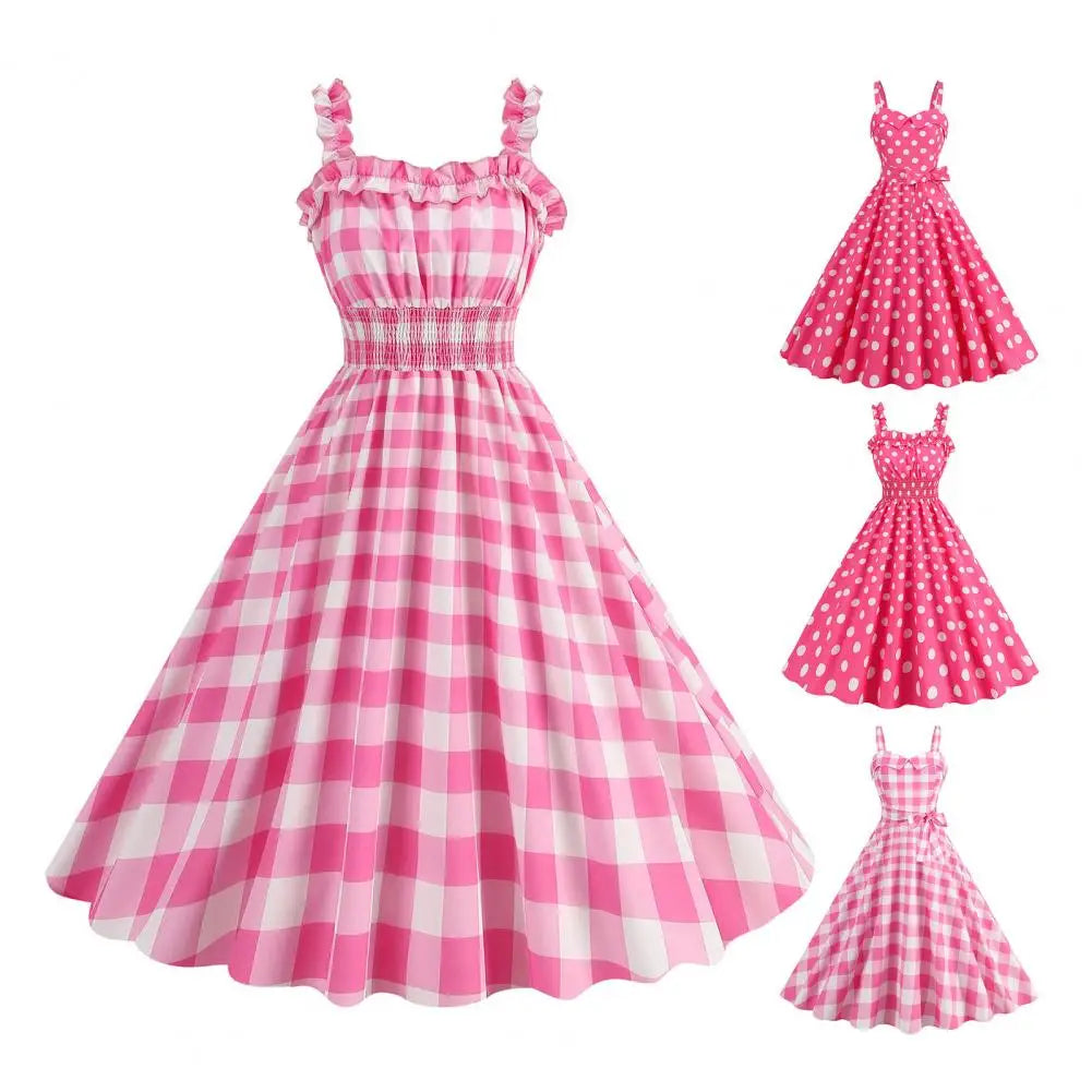 Plaid Off-the-Shoulder Square Collar Sleeveless Sash Loose Fit Ball Gown Midi Dress – Elastic Waist, Spring/Summer Luxegan