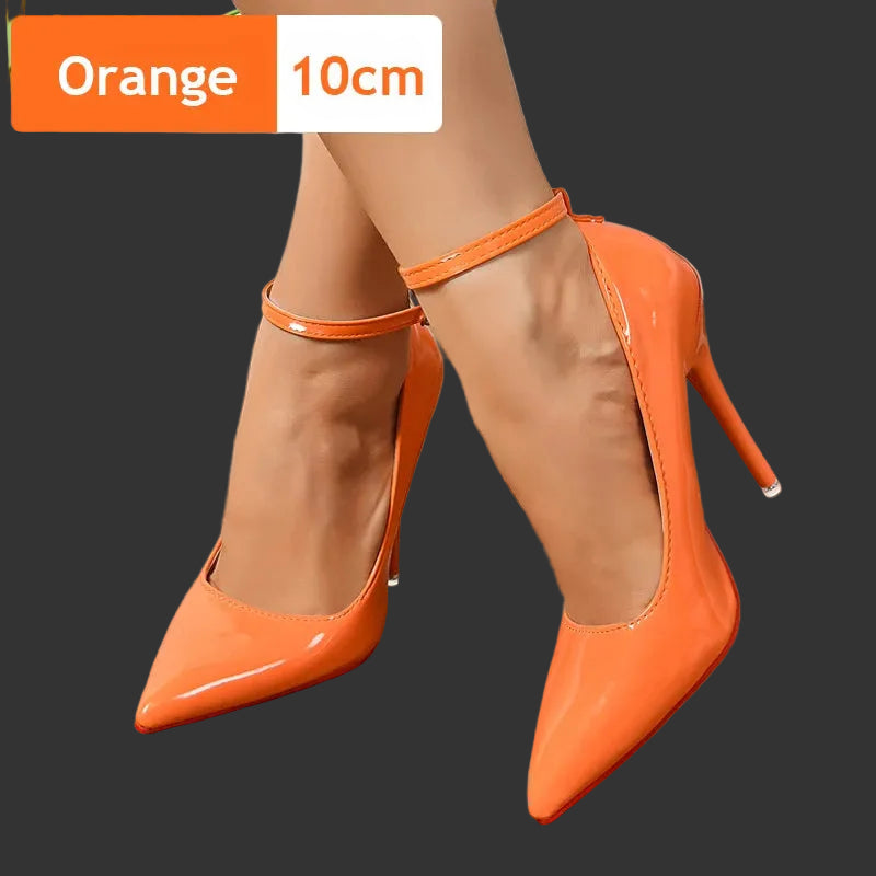 Metal Belt Buckle Stiletto Pumps | Sophisticated 10cm/12cm Pointed Toe Heels | Elegant "Super Big Size" 48 49 50 Party Shoes | "Dignified" Patent Leather Goblet Heels for Radiant Versatile Styling Luxegan