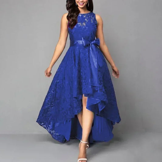 Lace Detail Sleeveless Slim Maxi Dress – A-Line, Crew Neck, Empire Waist Luxegan