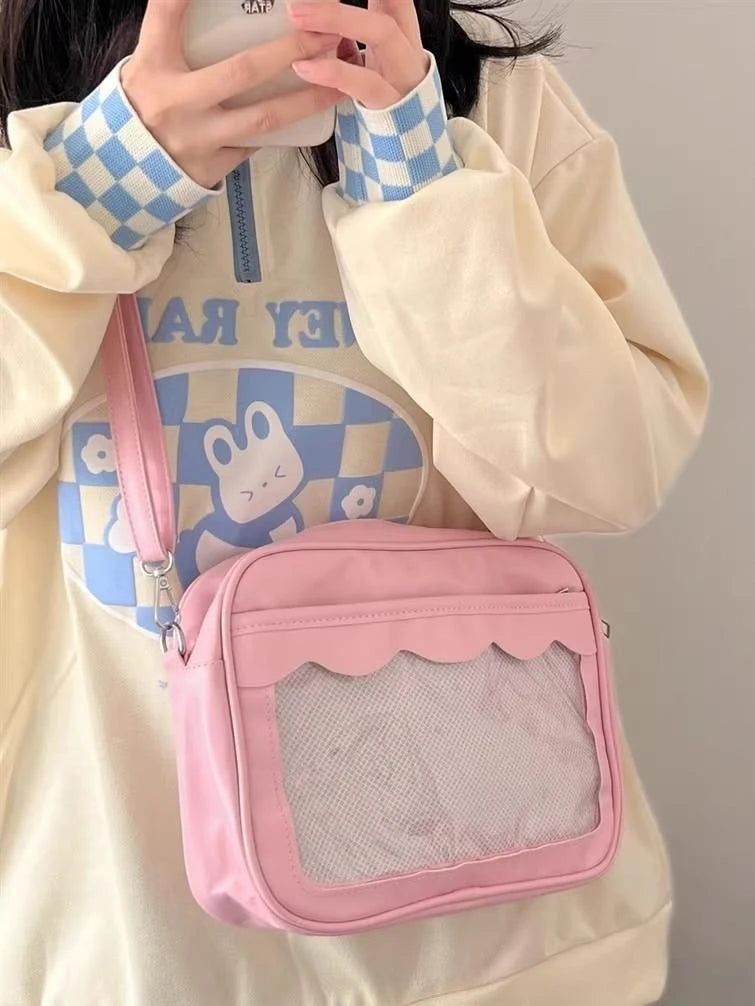 Women's PU Transparent Pocket Ita Bag | High School Girls JK Uniform Crossbody Shoulder Handbag (Fashion Satchel) Luxegan