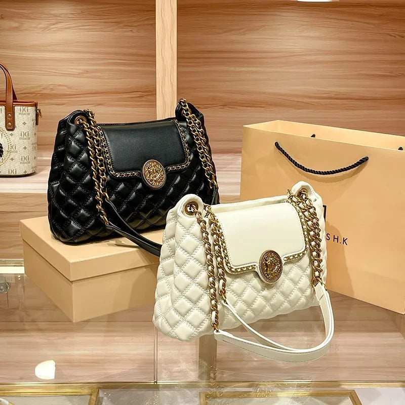 Luxury Genuine Leather Chain Shoulder Bag for Women | New Designer Large Capacity Underarm Handbag (Diamond Lattice) Luxegan