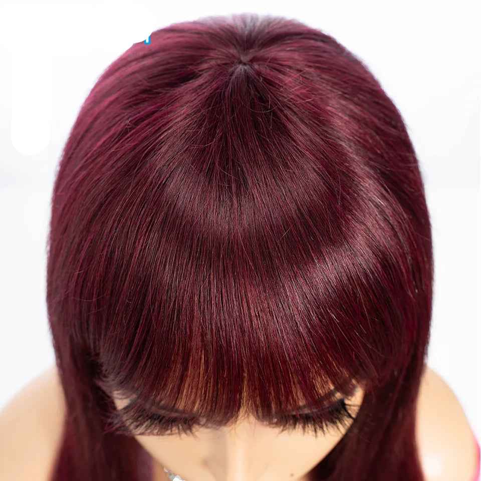 Vibrant 99J Burgundy Wine Red Bone Straight Human Hair Wig with Bangs | Glueless Full Machine-Made Brazilian Remy Human Hair Wig | Premium 22-Inch Classic Fringe Straight Wig for Women Luxegan