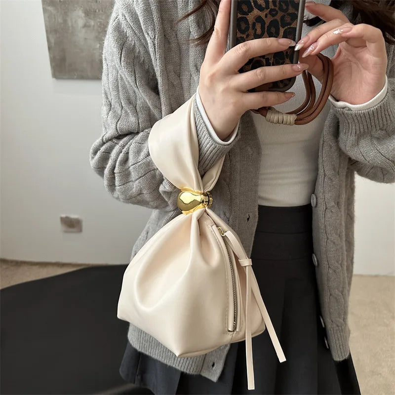 Design Mini PU Leather Dumpling Clutch | Sophisticated Niche Knotted Handbag | Elegant Retro Shoulder Bag for Women | Fashion-Forward Soft Wrist Purse & Unisex Fashion Handbag Luxegan